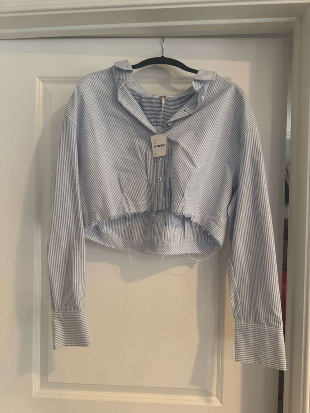 Free People Cropped Blue & White Pinstripe Button-Up Shirt